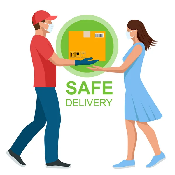 "Safe food delivery during coronavirus epidemic". Livraison à domicile et au bureau. Livreur ou messager dans un masque médical et gants livrant au client à la maison. Achats en ligne pendant une quarantaine. — Image vectorielle