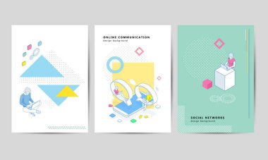 Broşür şablon tasarımı. Kurumsal İş ilanı, Şirket İş ilanı. Genç kadın ve kadınlar sosyal ağlarda fotoğraf ve paylaşım çekiyorlar.