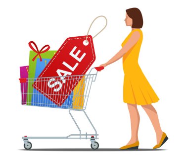 Alışveriş arabası ya da renkli hediye kutularıyla dolu. Alışveriş çantaları ve hediye kutularıyla dolu alışveriş arabaları. Cesaret kırma kavramı