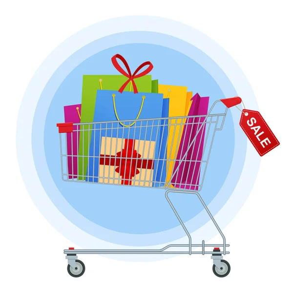 Carro de la compra o lleno de coloridas cajas de regalo. Carritos llenos de bolsas de compras y cajas de regalo. Concepto de desenlace — Vector de stock