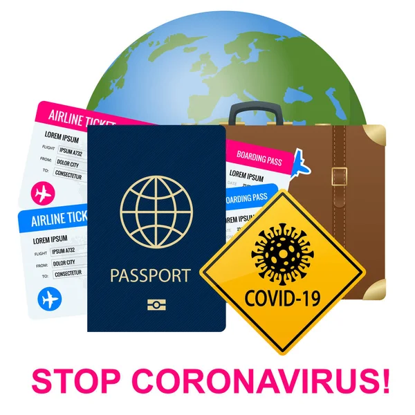 Krisis Isometric Tourism industri. Larangan penerbangan, perbatasan tertutup untuk wisatawan dan wisatawan dengan coronavirus. Larangan bepergian ke liburan musim panas karena risiko virus - Stok Vektor