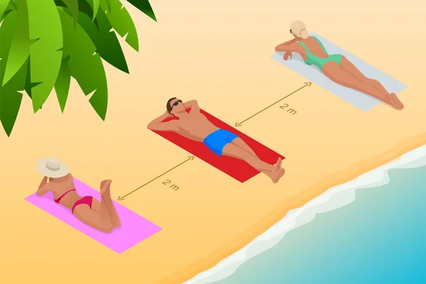 Relaks na plaży podczas epidemii koronawirusa. Utrzymanie odległości między ludźmi 2 m. Ilustracja izometryczna — Wektor stockowy