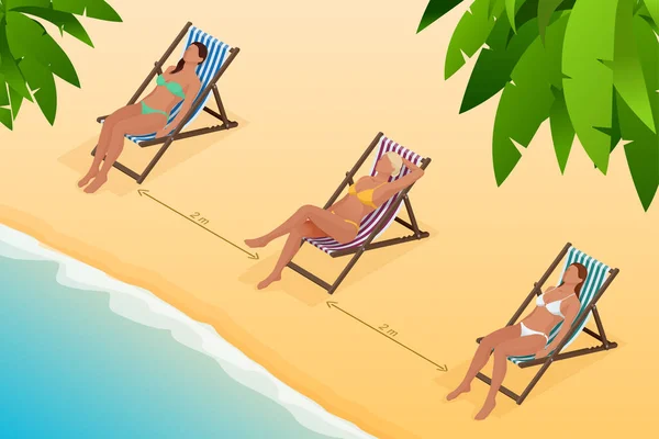 Ontspannen op het strand tijdens de coronavirus uitbraak. Afstand tussen mensen houden 2 m. Isometrische illustratie — Stockvector