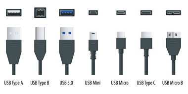 Düz siyah usb tipleri, gerçekçi bağlantıları olan kablolara bağlanır. Bağlantı noktası ve bağlantı noktaları. USB tip A, tip B, tip C, tip C, Micro, Mini, MicroB ve tip 3.0