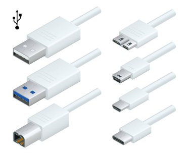 Gerçekçi konnektörlerle kurulmuş kablolarda Isometric beyaz usb tipleri bağlantı kablosu. Bağlantı noktası ve bağlantı noktaları. USB tip A, tip B, tip C, tip C, Micro, Mini, MicroB ve tip 3.0