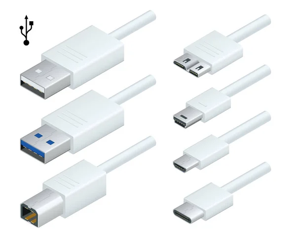 Isometrische weiße USB-Typen Port-Stecker in Kabel mit realistischen Steckverbindern gesetzt. Stecker und Anschlüsse. USB Typ A, Typ B, Typ C, Micro, Mini, MicroB und Typ 3.0 — Stockvektor