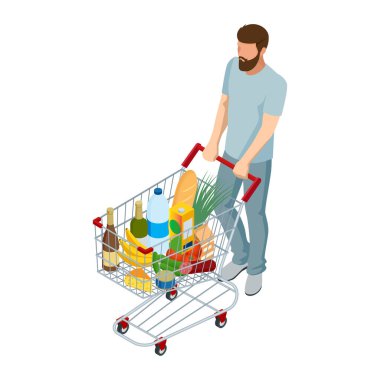 Yiyecek dolu bir alışveriş arabası. Market alışveriş arabası dolusu yiyecek satan bir adam. Beyaz arkaplanda izole edilmiş Isometric illüstrasyon. Ön görünüm