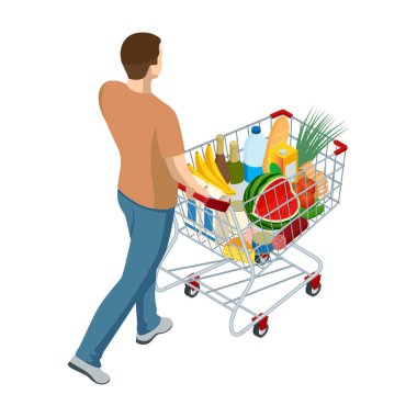 Yiyecek dolu bir alışveriş arabası. Market alışveriş arabası dolusu yiyecek satan bir adam. Beyaz arkaplanda izole edilmiş Isometric illüstrasyon. Arka plan