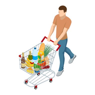 Yiyecek dolu bir alışveriş arabası. Market alışveriş arabası dolusu yiyecek satan bir adam. Beyaz arkaplanda izole edilmiş Isometric illüstrasyon. Ön görünüm