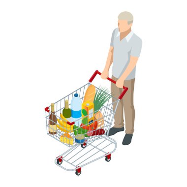 Yiyecek dolu bir alışveriş arabası. Market alışveriş arabası dolusu yiyecek satan bir adam. Beyaz arkaplanda izole edilmiş Isometric illüstrasyon. Ön görünüm