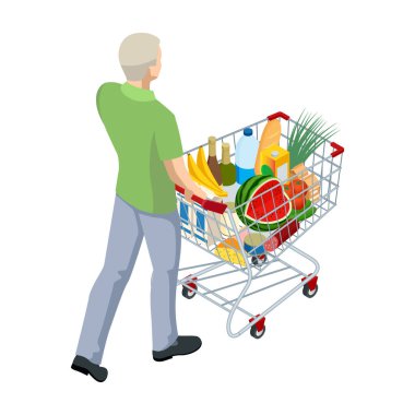 Yiyecek dolu bir alışveriş arabası. Market alışveriş arabası dolusu yiyecek satan bir adam. Beyaz arkaplanda izole edilmiş Isometric illüstrasyon. Arka plan