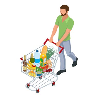 Yiyecek dolu bir alışveriş arabası. Market alışveriş arabası dolusu yiyecek satan bir adam. Beyaz arkaplanda izole edilmiş Isometric illüstrasyon. Ön görünüm