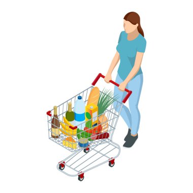 Yiyecek dolu bir alışveriş arabası. Bir kadın alışveriş arabalarını market alışverişleriyle dolduruyor. Beyaz arkaplanda izole edilmiş Isometric illüstrasyon. Ön görünüm