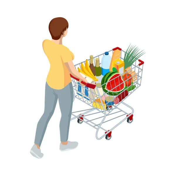 Carro de compras lleno de comida. Mujer empujando el carrito de la compra del supermercado lleno de comestibles. Ilustración isométrica aislada sobre fondo blanco. Vista trasera — Vector de stock