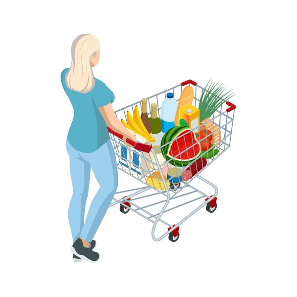 Carro de compras lleno de comida. Mujer empujando el carrito de la compra del supermercado lleno de comestibles. Ilustración isométrica aislada sobre fondo blanco. Vista trasera — Archivo Imágenes Vectoriales