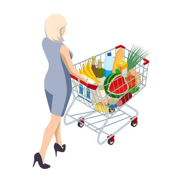 Carro de compras lleno de comida. Mujer empujando el carrito de la compra del supermercado lleno de comestibles. Ilustración isométrica aislada sobre fondo blanco. Vista trasera — Archivo Imágenes Vectoriales