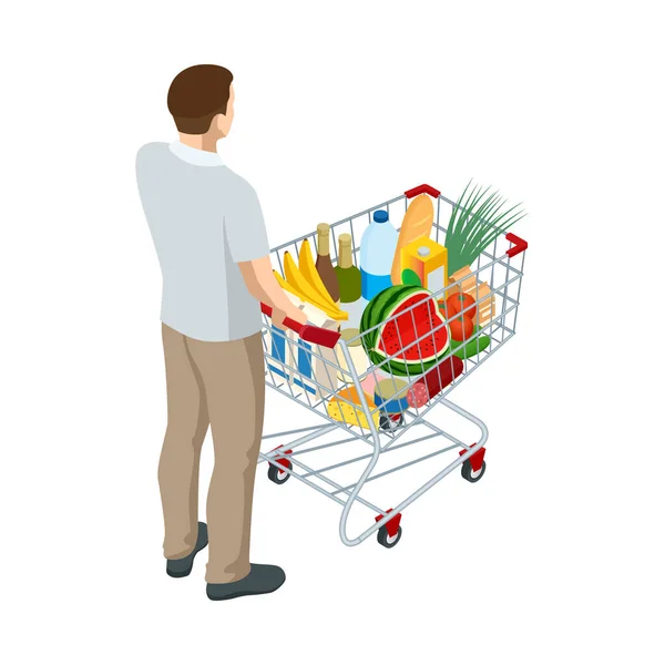 Carrello pieno di cibo. Uomo che spinge il carrello della spesa del supermercato pieno di generi alimentari. Illustrazione isometrica isolata su sfondo bianco. Vista posteriore — Vettoriale Stock