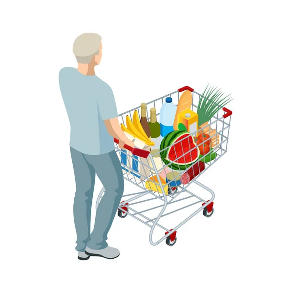 Panier plein de nourriture. Homme poussant panier supermarché plein d'épicerie. Illustration isométrique isolée sur fond blanc. Vue arrière — Image vectorielle