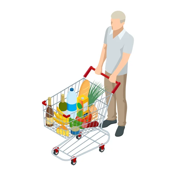 Panier plein de nourriture. Homme poussant panier supermarché plein d'épicerie. Illustration isométrique isolée sur fond blanc. Vue de face — Image vectorielle