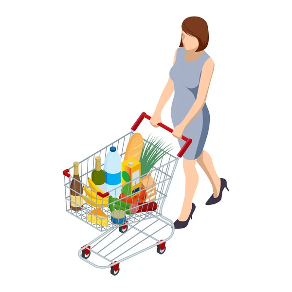 Carrello pieno di cibo. Donna che spinge il carrello della spesa del supermercato pieno di generi alimentari. Illustrazione isometrica isolata su sfondo bianco. Vista frontale — Vettoriale Stock