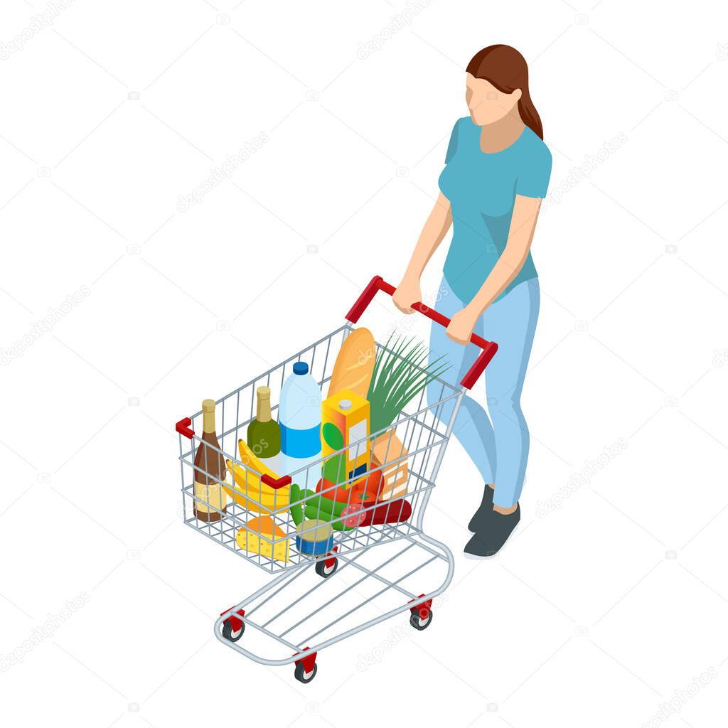 Shopping cart full of food. Woman pushing supermarket shopping cart full of groceries. Isometric illustration isolated on white background. Front view