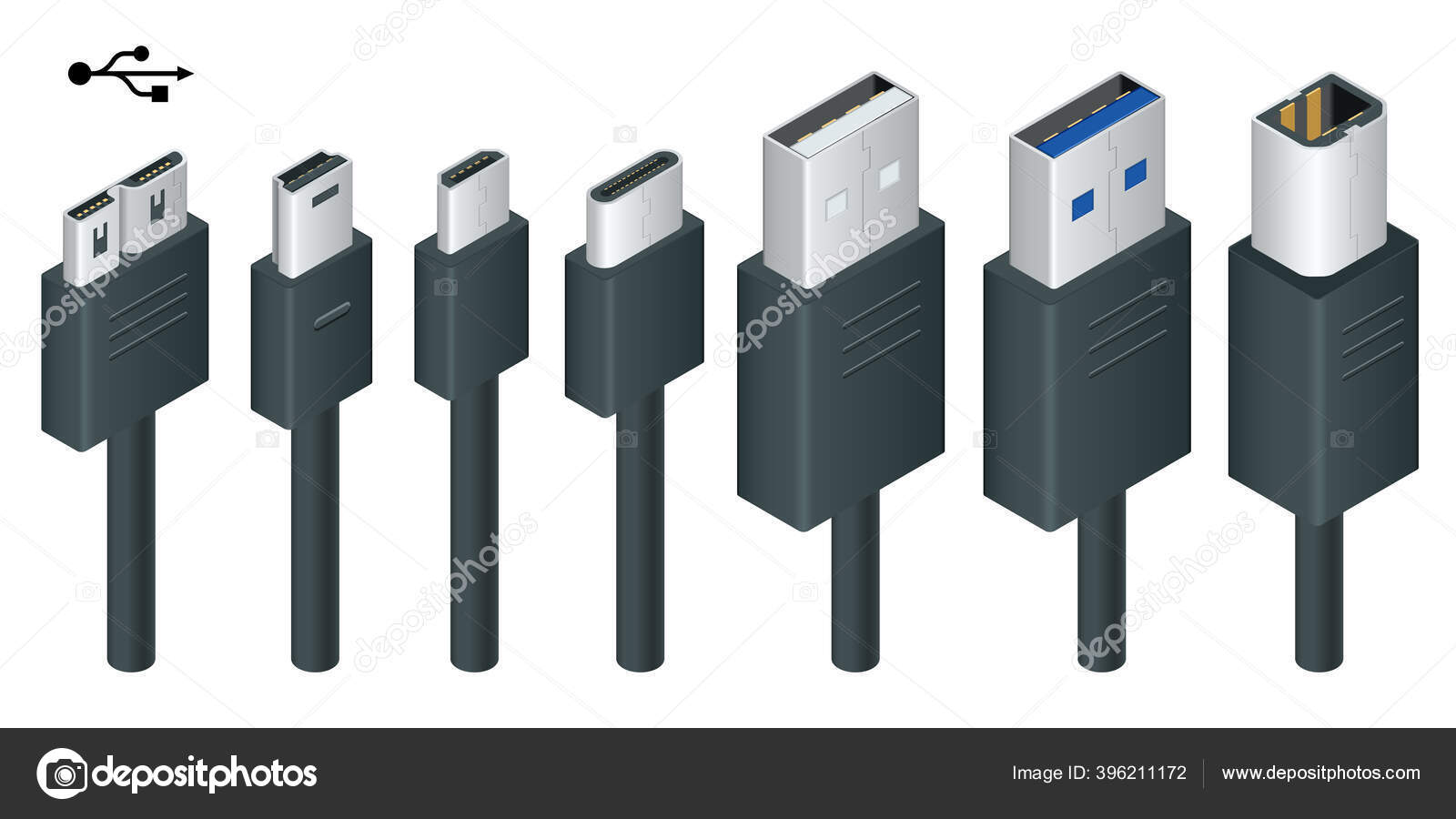 Isometric black usb port plug in cables set with realistic connectors. Connector and ports. USB type A, type C, Micro, Mini, MicroB and type 3.0 Stock Vector by ©Golden