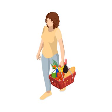Marketten beyaz izole edilmiş arka planda market sepeti taşıyan bir kadın. Çeşitli market ürünleri içeren Isometric alışveriş sepeti..