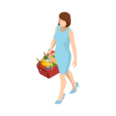 Marketten beyaz izole edilmiş arka planda market sepeti taşıyan bir kadın. Çeşitli market ürünleri içeren Isometric alışveriş sepeti..