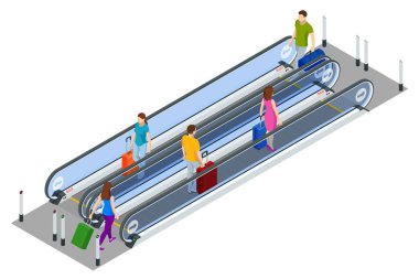 İzometrik yürüyen merdiven beyaz arka planda izole edilmiş. Bavullu insanlar havaalanında ya da tren istasyonunda yürüyen merdivende duruyorlar..