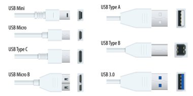 Düz beyaz usb tipleri, gerçekçi bağlantıları olan kablolara bağlanır. Bağlantı noktası ve bağlantı noktaları. USB tip A, tip B, tip C, tip C, Micro, Mini, MicroB ve tip 3.0