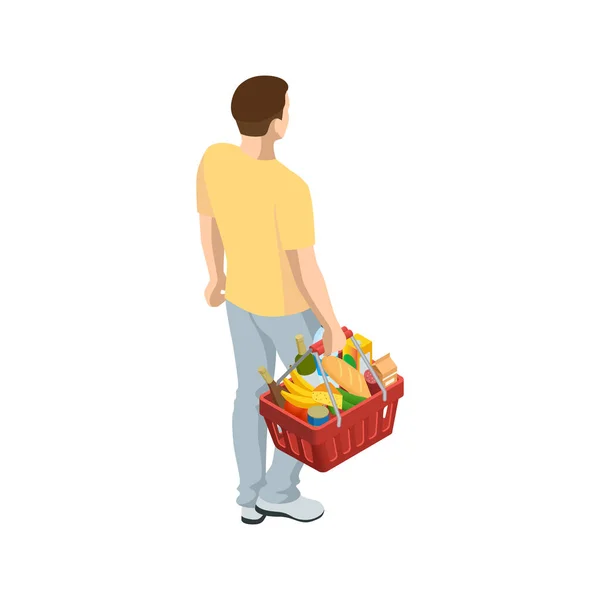 Hombre con carrito de la cesta de supermercado sobre fondo blanco aislado. Cesta del mercado de compras isométrica con variedad de productos de comestibles Volver ver. — Vector de stock