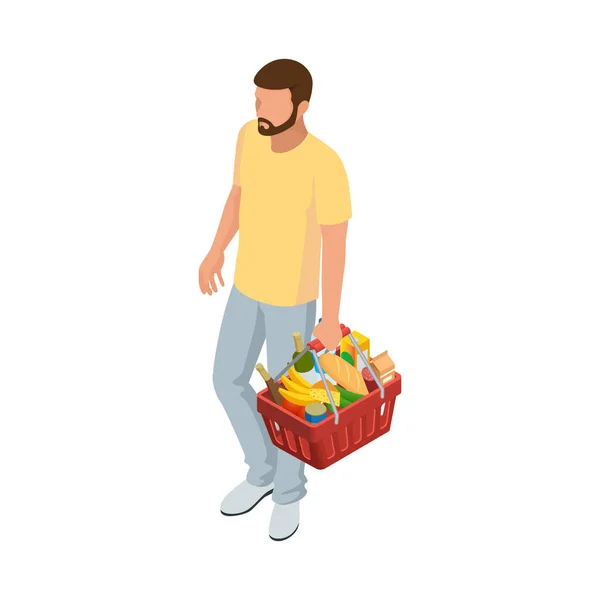 Чоловік з продуктовим кошиком з супермаркету на білому ізольованому тлі. Ізометрична торгова кошик з різноманітними продуктовими продуктами — стоковий вектор