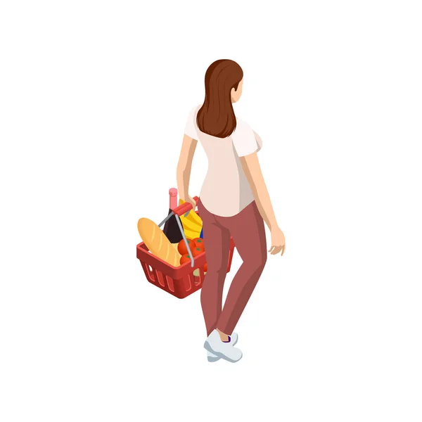 Vrouw met boodschappenmandje uit supermarkt op witte geïsoleerde achtergrond. Isometrische boodschappenmand met diverse kruidenierswaren Achteraanzicht. — Stockvector