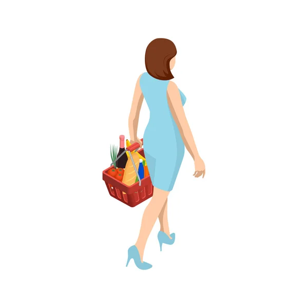 Mujer con carrito de la cesta de supermercado sobre fondo blanco aislado. Cesta del mercado de compras isométrica con variedad de productos de comestibles Volver ver. — Vector de stock