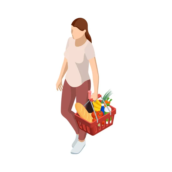 Mujer con carrito de la cesta de supermercado sobre fondo blanco aislado. Cesta del mercado de compras isométrica con variedad de productos de comestibles Vista frontal. — Archivo Imágenes Vectoriales