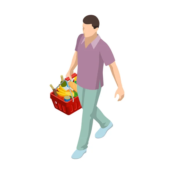 Hombre con carrito de la cesta de supermercado sobre fondo blanco aislado. Cesta del mercado de compras isométrica con variedad de productos de comestibles — Archivo Imágenes Vectoriales