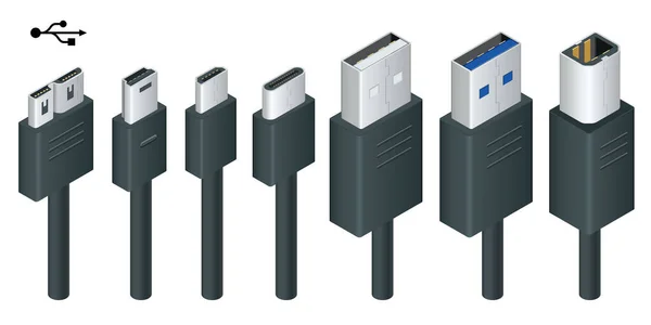Tipi di USB neri isometrici connettono cavi con connettori realistici. Connettore e porte. USB tipo A, tipo B, tipo C, Micro, Mini, MicroB e tipo 3.0 — Vettoriale Stock
