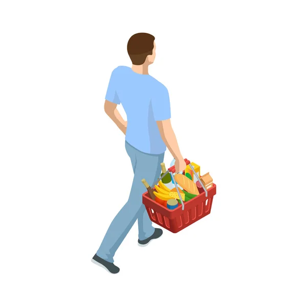 Hombre con carrito de la cesta de supermercado sobre fondo blanco aislado. Cesta del mercado de compras isométrica con variedad de productos de comestibles Volver ver. — Archivo Imágenes Vectoriales