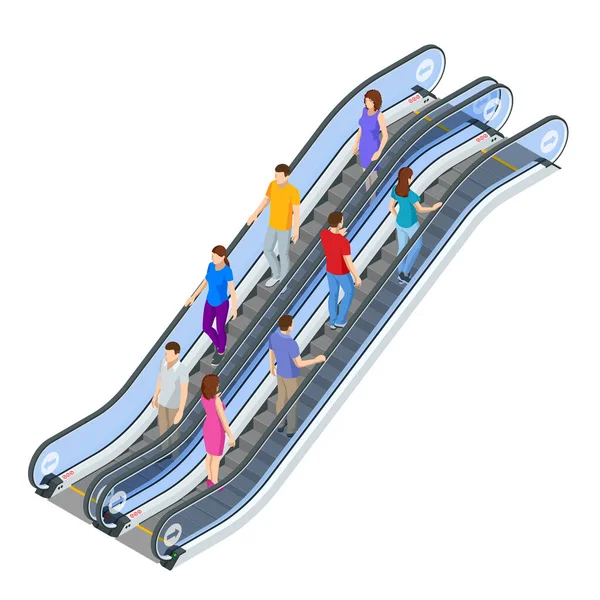 Isometrische Rolltreppe isoliert auf weißem Hintergrund. Menschen stehen auf der Rolltreppe in der U-Bahn, Einkaufszentrum, Geschäftszentrum. — Stockvektor
