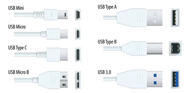 Plano blanco usb tipos enchufe de puerto en cables con conectores realistas. Conector y puertos. USB tipo A, tipo B, tipo C, Micro, Mini, MicroB y tipo 3.0 — Vector de stock
