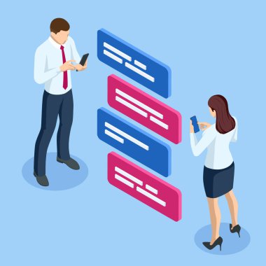 Isometric iş adamı karakter iletişimi çevrimiçi sosyal ağ. Sosyal medya internet bağlantısı küresel iletişim ağı