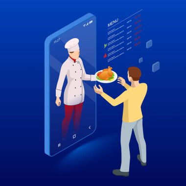 Isometric Online aşçılık dersleri konsepti. İnternetten restoranda yemek sipariş etmek.