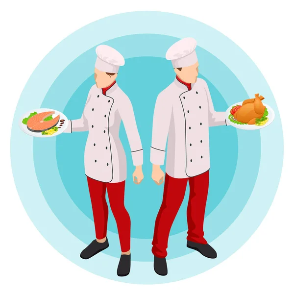 Isométrico Concepto de clases de cocina en línea. Pedir comida en línea en un restaurante — Vector de stock