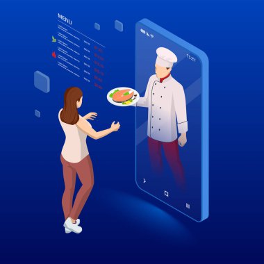 Isometric Online aşçılık dersleri konsepti. İnternetten restoranda yemek sipariş etmek.