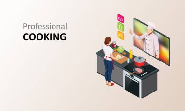 Isome aşçılık okulu blogu. Webinar ana sınıfı dersi için internet üzerinden yayın yaparken yemek pişiren kadın aşçı.