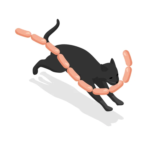 Isometric chat noir vole de délicieuses saucisses. Le chat s'enfuit avec une saucisse dans la bouche. — Image vectorielle