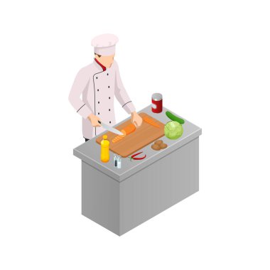 Beyaz tenli, izole bir erkek aşçı. Üniformalı şef, ticari bir mutfakta yemek pişiriyor..