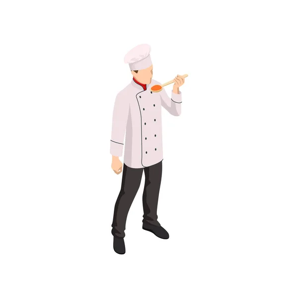 Chef maschile isometrico isolato su bianco. Cuoco in uniforme che cucina in una cucina commerciale. — Vettoriale Stock