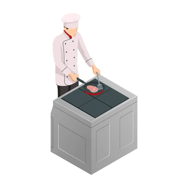 Chef masculino isométrico aislado en blanco. Chef en cocina uniforme en una cocina comercial. — Vector de stock