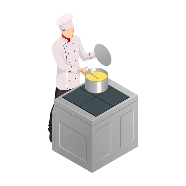 Chef masculino isométrico aislado en blanco. Chef en cocina uniforme en una cocina comercial. — Vector de stock